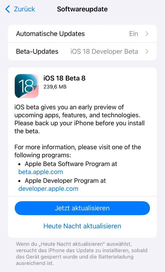 连山苹果手机维修分享苹果 iOS / iPadOS 18 开发者预览版 Beta 8 发布 